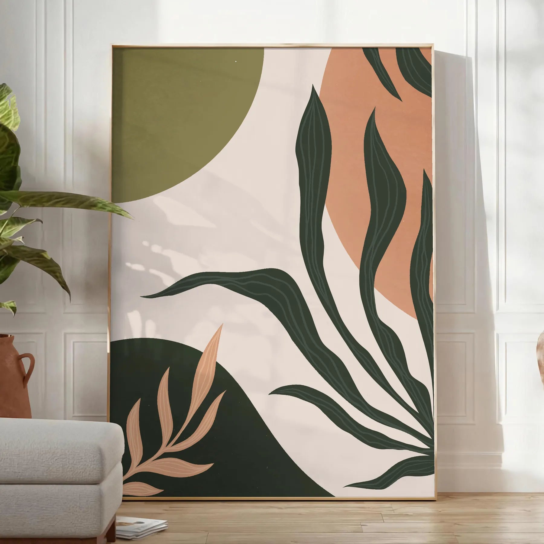 space boho art print Bohemian 21 abstract poster serene gray green tones perfect unique wall gift captivating artwork available sizes A4 cm A0